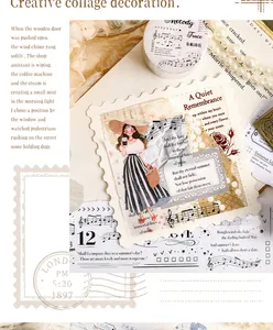 Close-up of vintage PET scrapbooking tape with music notes and girl illustration.