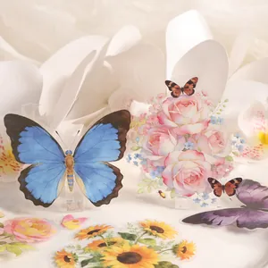 Elegant waterproof PET journal stickers featuring vibrant butterfly and floral designs.