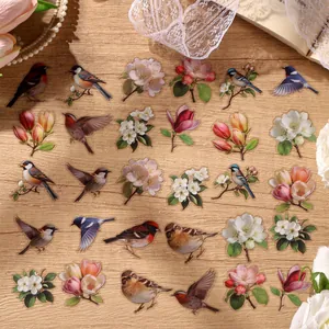 Realistic spring nature theme PET stickers with bird and flower designs for journaling