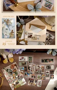 Detailed macro view of vintage mushroom and fairy stickers with gold foil accents.