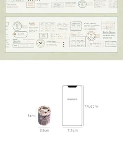 Detailed dimensions of vintage journaling washi tape shown against an iPhone 12.