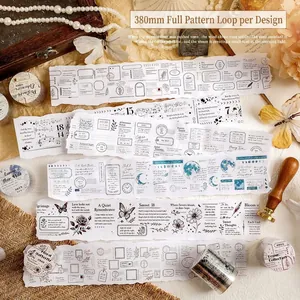 Vintage decorative PET tape set with 380mm repeating literary and floral patterns.