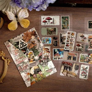 Vintage mushroom themed scrapbook stickers with gold stamping in forest island design