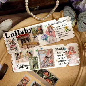 Vintage gold foil ticket stickers with fairy and mushroom illustrations for journaling.