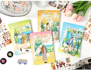 Detail view of four colorful PET sticker books with aesthetic hand-drawn life illustrations.