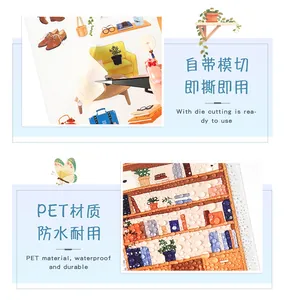 Close-up of waterproof PET journal stickers showing die-cut edge and water resistance
