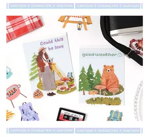 Close-up of PET decorative stickers featuring camping and cute forest animal themes