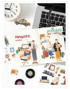 Decorative PET stickers for scrapbooking featuring office scene and character illustrations