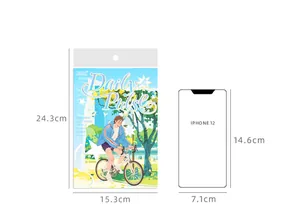 Professional scale comparison of Daily Pulse PET sticker book dimensions vs iPhone 12
