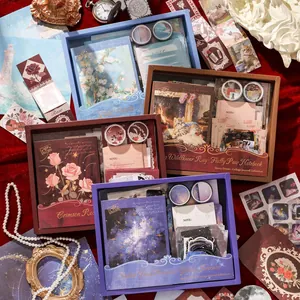 Vintage aesthetic scrapbook journal gift set with stickers and washi tapes for DIY crafting.