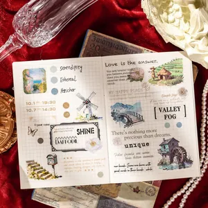 Aesthetic vintage scrapbook sticker set with landscapes and quotes for DIY crafts