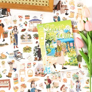 Aesthetic PET sticker book 'Quiet Bloom' with 20 sheets of floral and character journaling decals.