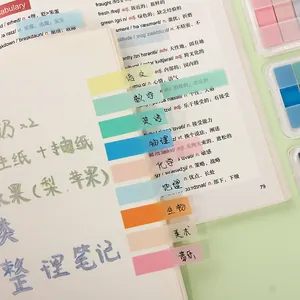 Macaron color transparent PET index tabs used on a study book pages