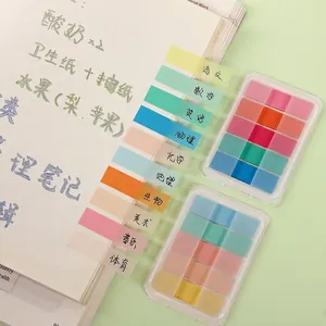 Detailed view of colorful PET transparent index tabs applied to notebook pages