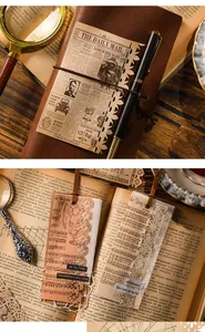Detail of vintage hollow DIY material paper and bookmarks displayed on aged book pages