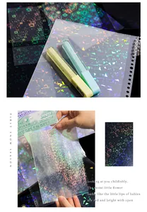 Detailed macro view of holographic PET star and shard pattern stickers for aesthetic journaling