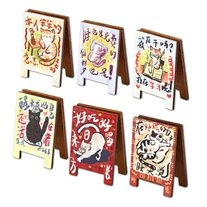 Set of 6 cute cat graffiti wooden A-frame mini signboards and memo holders for desk