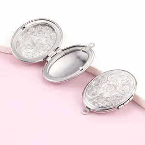 Pendentif Médaillon Ovale en Acier Inoxydable Pendentif Seul Sans Chaîne Relief Floral Cadre Photo DIY Collier Bijoux Femme