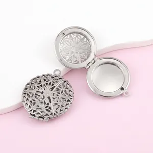 Edelstahl Rund Hohl Medaillon Anhänger Ohne Kette Geometrisch Stern Blumenmuster Fotorahmen DIY Schmuckherstellung Zubehör