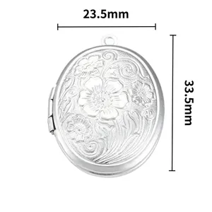 Pendentif médaillon photo ovale en acier inoxydable à motif floral 23.5x33.5mm
