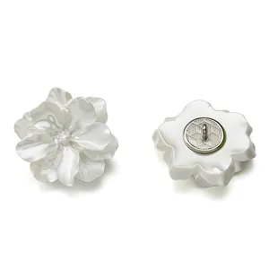 Elegant white alloy camellia flower decorative button for coats and sweaters, front and back view