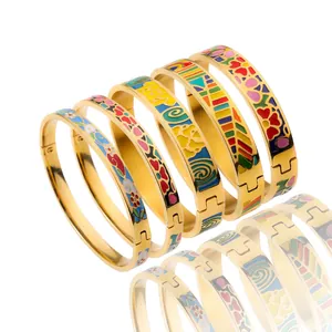Brazalete de Esmalte para Mujer Pulsera de Acero de Titanio Chapado en Oro 18K Floral Geométrico Goteo de Aceite Joyería de Moda para Fiesta
