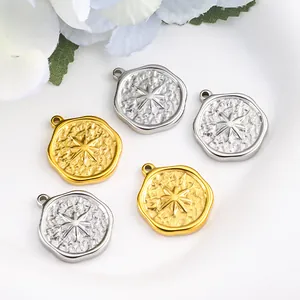 Detail view of hammered stainless steel pendants featuring embossed eight-pointed stars