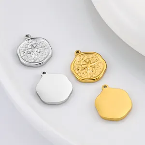 Detailed view of hammered eight-pointed star pendants in silver and gold finishes
