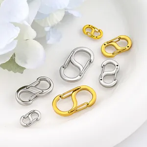 Polished S-shaped stainless steel spring carabiners shown in gold and silver finishes.