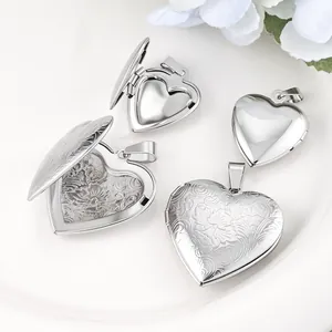 Polished Stainless Steel Heart Locket Pendant For DIY Jewelry Making Floral Engraved Openable Photo Locket Charm For Women