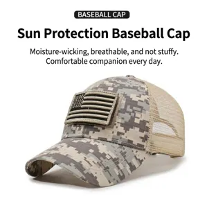Detailed view of digital camouflage mesh back baseball cap with flag patch
