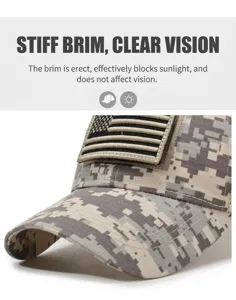 Detailed close-up of a camouflage tactical baseball cap showing the sturdy curved brim