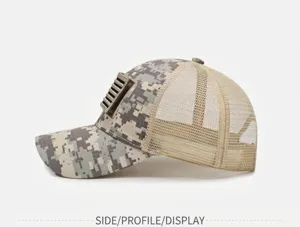 Side profile of a breathable mesh camouflage baseball cap with adjustable velcro patch