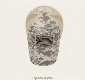 Top view of breathable digital camouflage mesh trucker hat with American flag patch.
