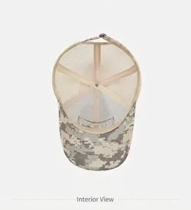 Interior view of a camouflage mesh baseball cap with breathable lining and USA embroidery