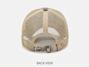 Back detail view of mesh camouflage baseball cap with an adjustable metal buckle strap