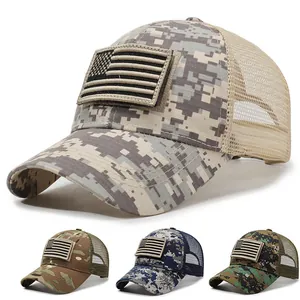 Casquette De Baseball En Filet Camouflage Numérique Avec Écusson Drapeau Américain Amovible Chapeau Camionneur Tactique Respirant