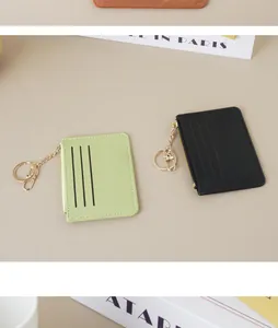 Detailed close-up of slim green and black card holders with zippers and keychains.