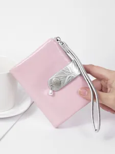 Exquisite Women Short Cracked Texture PU Leather Wallet Pearl Pendant Wristlet Portable Multi Slot Card Holder Coin Purse