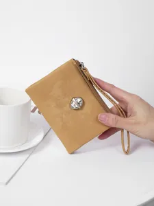 Fashion Women Short Wallet PU Leather Rhinestone Embellished Clutch Bag With Wristlet Portable Card Holder Coin Purse
