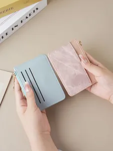 Ultra Thin Women Card Holder Multi Functional Zipper Coin Purse PU Leather Slim Wallet With Keychain Gold Hardware Daily Portable Card Sleeve