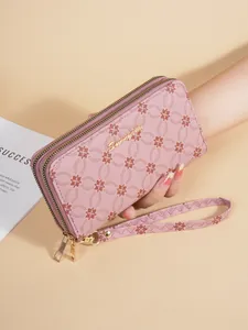 Women's Vintage Synthetic Leather Long Wallet Double Zipper Clutch Bag Floral Geometric Monogram Print Multi Card Slot Phone Purse With Wristlet