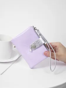 Elegant lavender women's short coin purse with silver cracked texture and pearl pendant