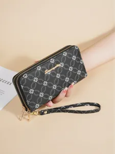 Elegant floral pattern long wallet with double zippers and wrist strap for women