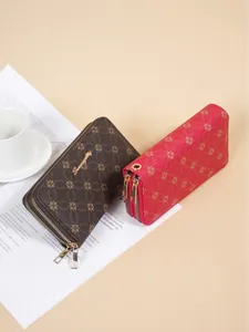 Floral pattern faux leather long wallet with double zippers and wrist strap