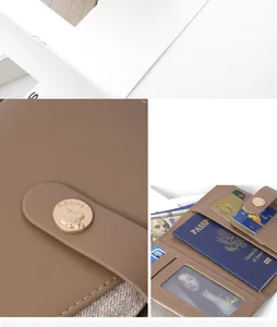 Detailed views of brown leather travel passport wallet showing interior card slots and embossed button