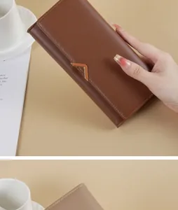 Close-up showing the smooth texture and V-shaped clasp of the brown long PU leather wallet