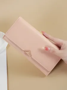 Women Long PU Leather Wallet Fashion Minimalist Multi Card Slot Phone Clutch Handbag V-shaped Metal Buckle Purse