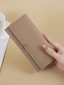 Stylish khaki PU leather long wallet for women featuring elegant V-shaped metal hardware