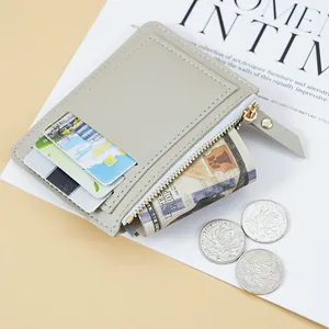 Minimalist grey PVC women's card holder wallet with zipper coin pocket and slots